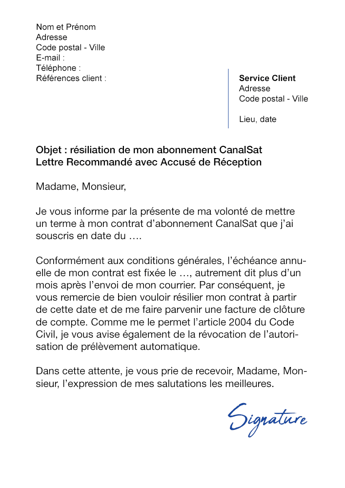 Lettre de résiliation CanalSat - Modèle pour résilier ...