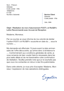 lettre de résiliation foot+ rugby+