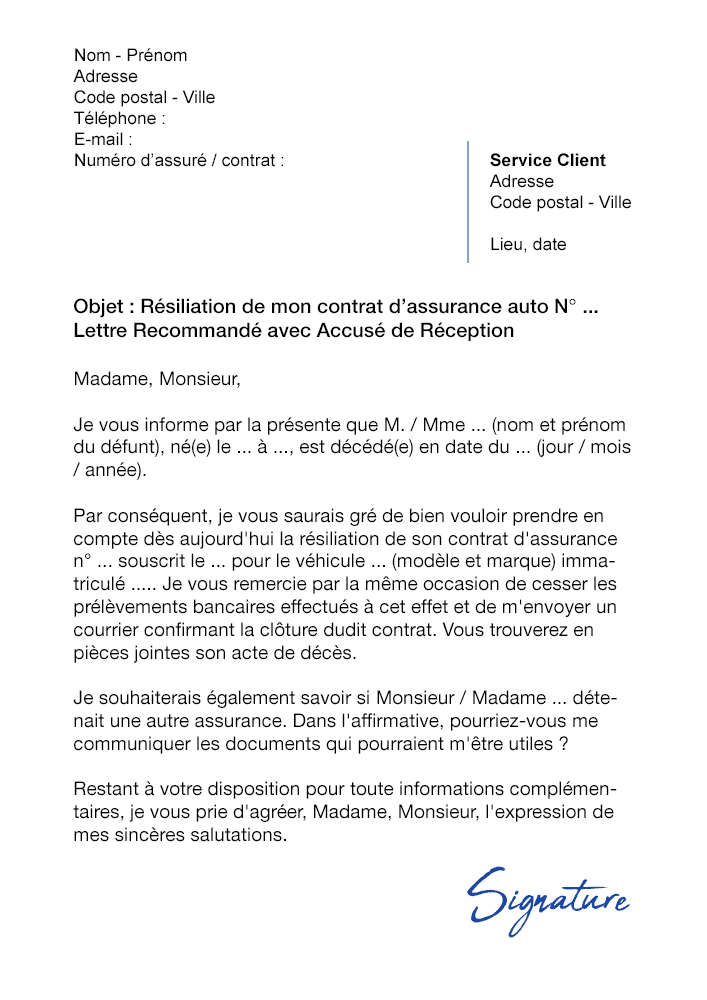 Lettre résiliation contrat assurance auto