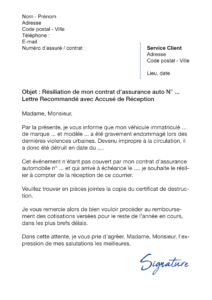 lettre de résiliation assurance auto destruction