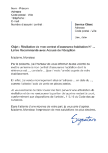 lettre de résiliation assurance habitation vente