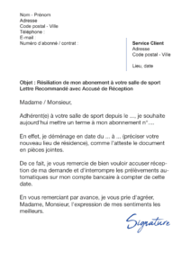 lettre de résiliation salle de sport déménagement