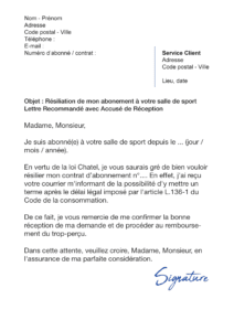 lettre de résiliation salle de sport loi chatel