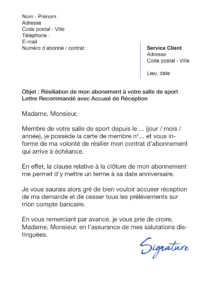 Résilier un abonnement à une Salle de Sport - Modèles de 