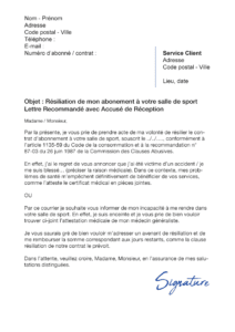 lettre de résiliation salle de sport raison médicale