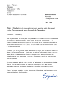 Résilier un abonnement à une Salle de Sport - Modèles de 