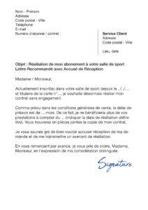 lettre de résiliation salle de sport sans engagement