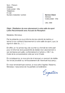 lettre de résiliation salle de sport sans préavis