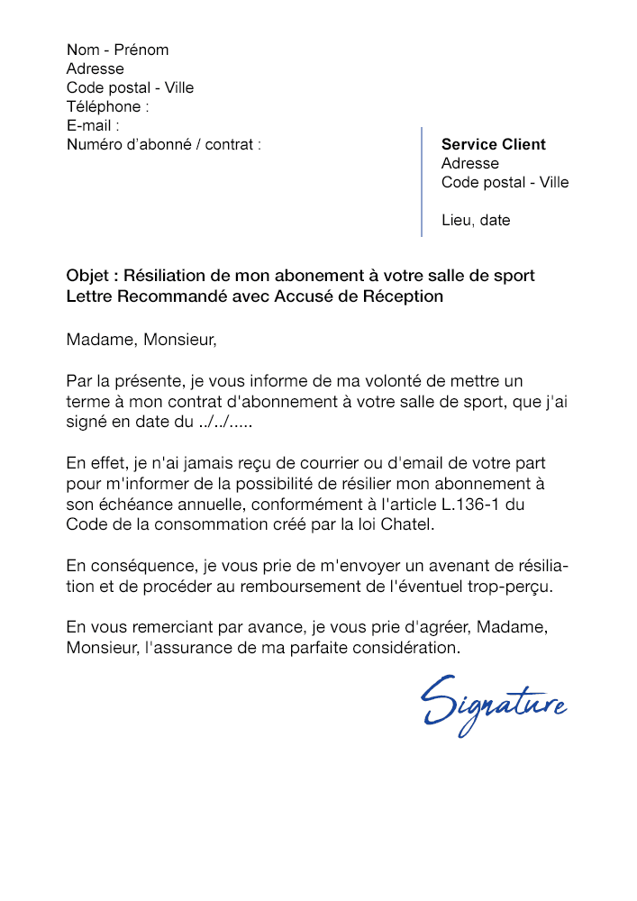 Lettre Résiliation Salle De Sport Loi Chatel