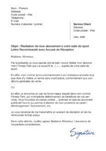 lettre de résiliation salle de sport fitness park