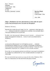 lettre de résiliation salle de sport keep cool