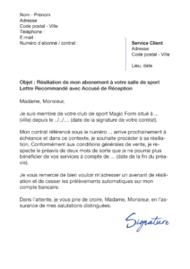 lettre de résiliation salle de sport magic form