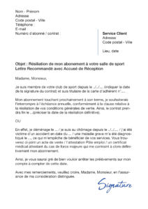 lettre de résiliation salle de sport symply gym