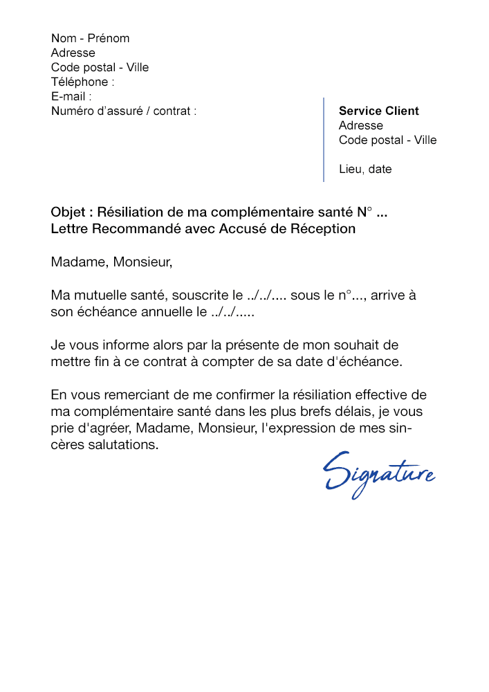 Lettre de résiliation Mutuelle (A échéance) Modèle de lettre gratuit