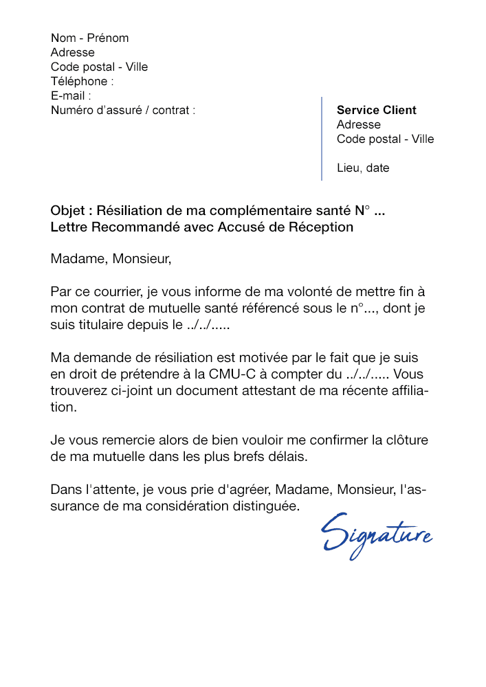 Lettre résiliation mutuelle pour cmuc