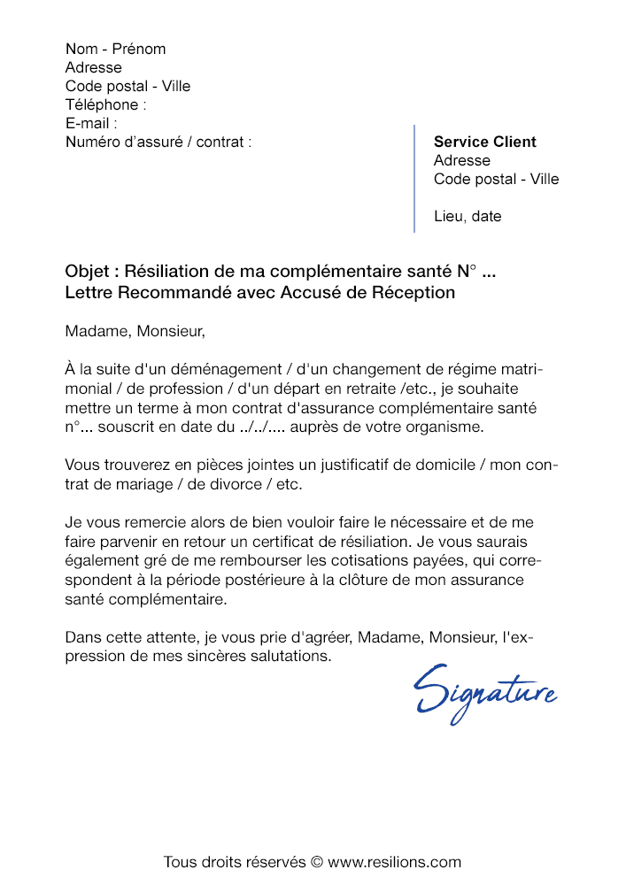 Lettre de changement de situation mutuelle