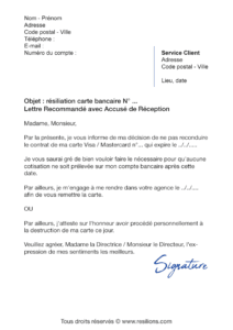 lettre de résiliation carte bancaire (cb)