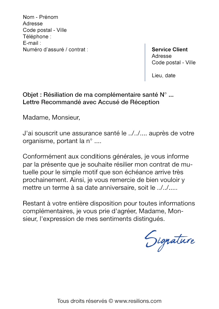 Lettre résiliation mutuelle générale