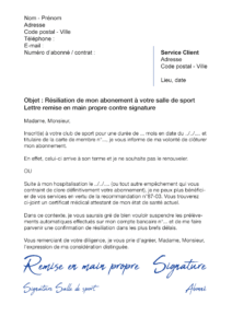 lettre de résiliation salle de sport avec remise en main propre