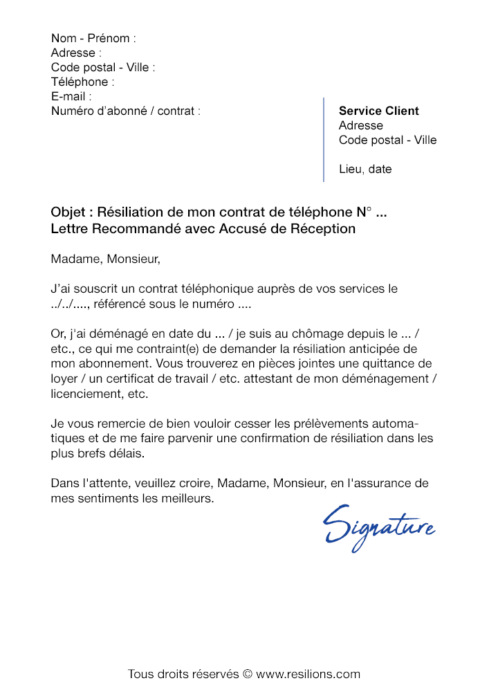 Lettre de résiliation de contrat de travail par l