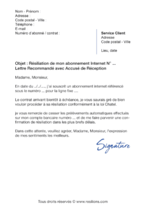 lettre de résiliation abonnement internet à échéance