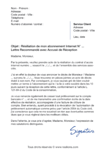 lettre de résiliation abonnement internet suite à un décès