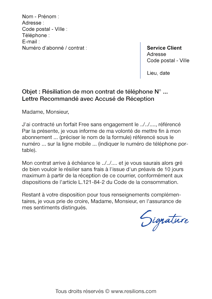 Lettre de résiliation Orange (Forfait Mobile) - Modèle 