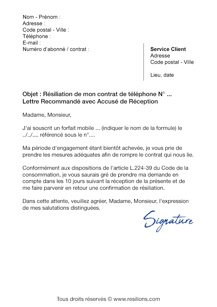 Lettre de résiliation SFR (Forfait Mobile) Modèle gratuit PDF et Word