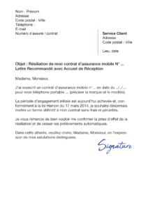 lettre de résiliation assurance mobile cfca