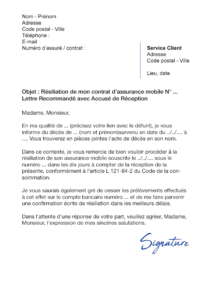 lettre de résiliation assurance mobile décès