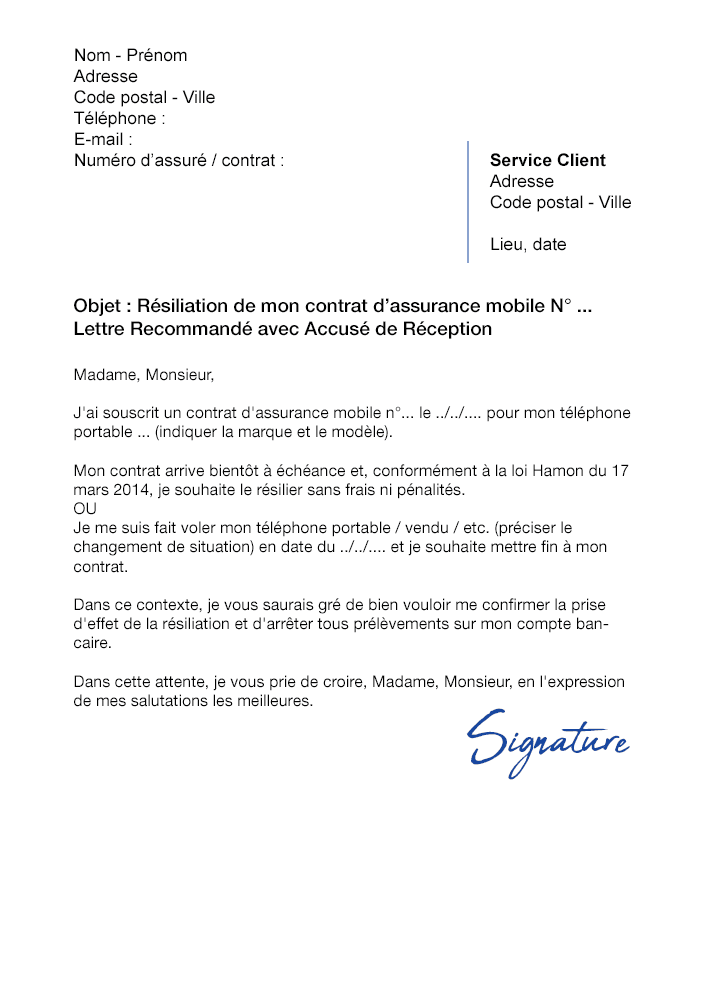 Lettre de résiliation assurance auto sogessur