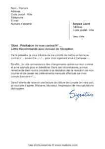 lettre de résiliation contrat gaz