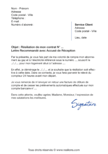 lettre de résiliation contrat gaz et électricité