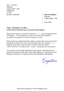 lettre de résiliation bail 1 mois de préavis zone tendue