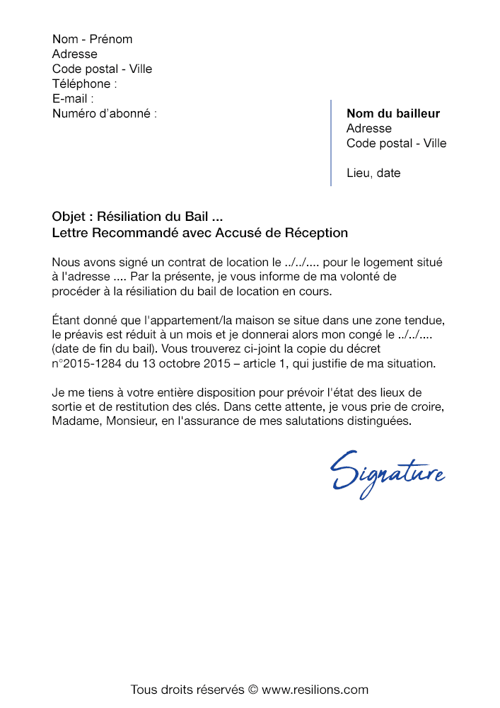 Lettre de résiliation Bail (1 Mois de préavis Zone Tendue) PDF et Word