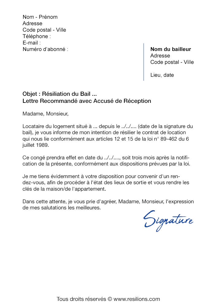 lettre résiliation bail 3 mois