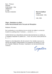 lettre de résiliation bail parking