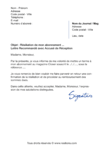 lettre de résiliation abonnement abonnement closer