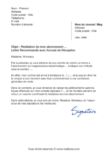 lettre de résiliation abonnement presse magazine