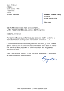 lettre de résiliation abonnement marie claire