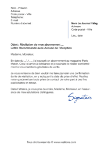 lettre de résiliation abonnement paris match