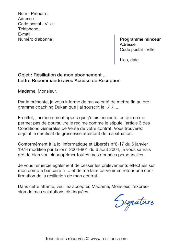 Lettre de résiliation Abonnement Régime Dukan - Modèle PDF ...