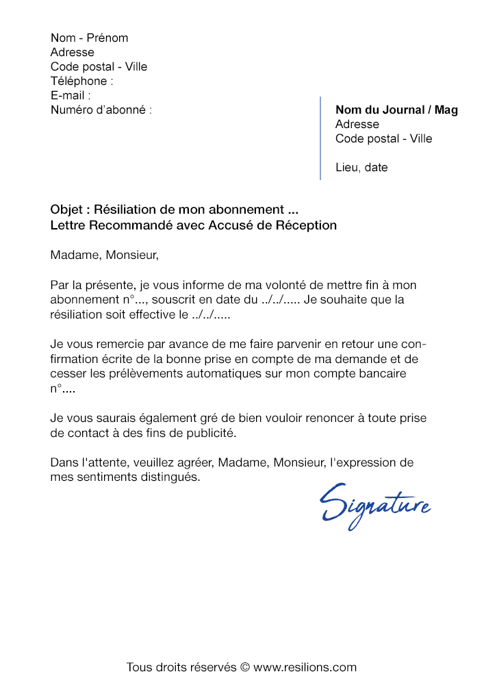Lettre de résiliation Abonnement Télé Loisirs - Modèle PDF ...