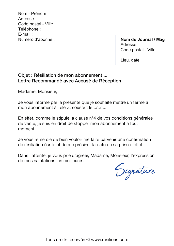 Modele De Lettre De Résiliation Abonnement Téléphonique Sfr