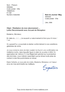 lettre de résiliation abonnement voici