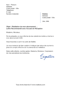 lettre de résiliation abonnement cgr cinéma