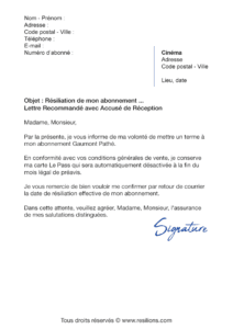 lettre de résiliation abonnement gaumont pathé carte le pass