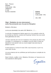 lettre de résiliation abonnement ugc carte ugc illimitée