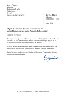 lettre de résiliation abonnement yes messenger